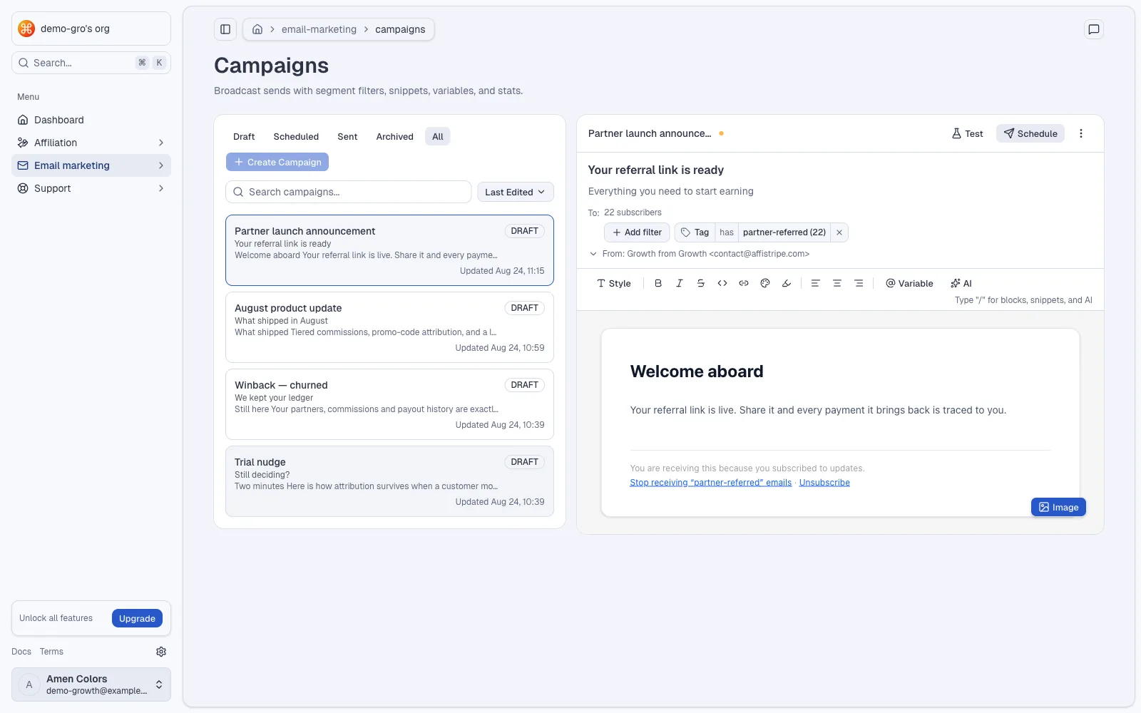 The campaign editor: an audience filter reading the shared record resolves the partner-referred tag to 22 subscribers, beside a live email preview.