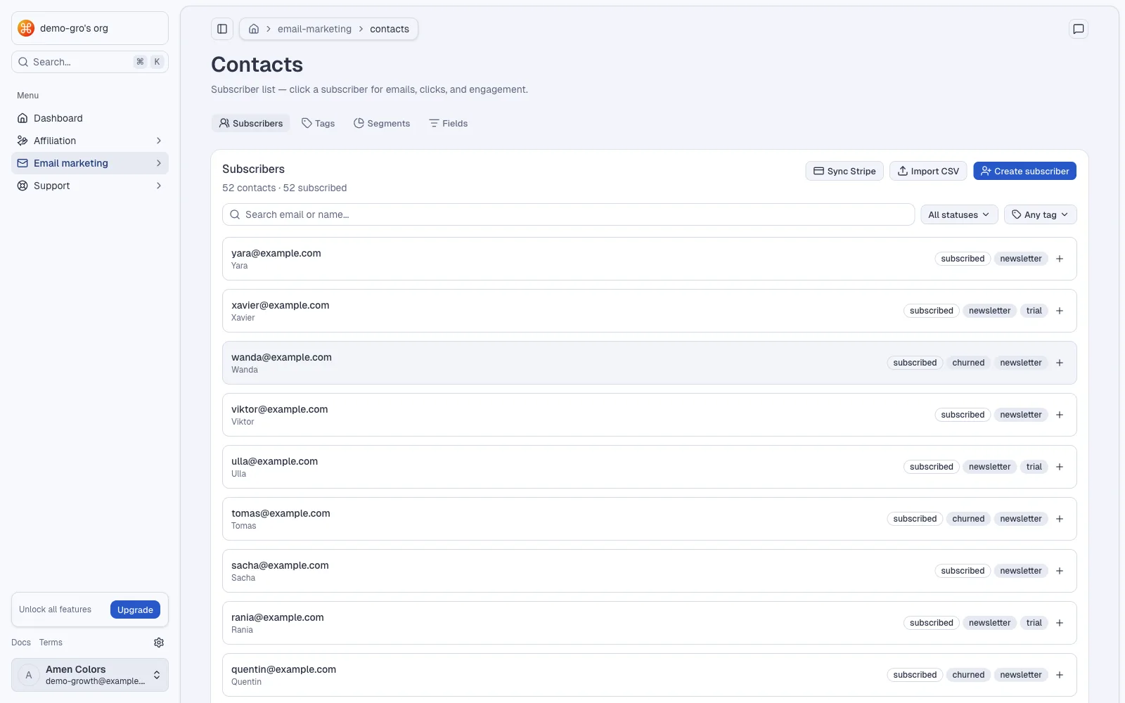 The contacts list: subscribers with their tags, and tabs for tags, segments and custom fields.
