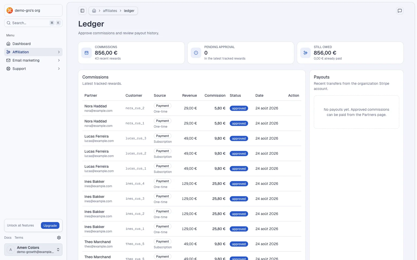 The Growth ledger: one row per commission, showing partner, customer, payment source, revenue, commission and approval status.