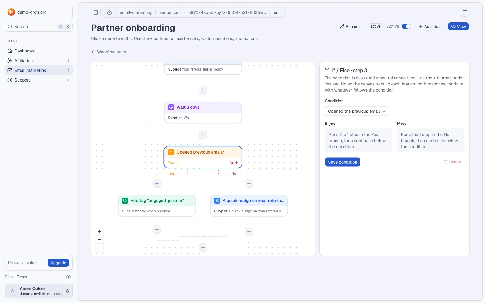 The sequence builder: a tag trigger, an email, a three-day wait, then an opened-previous condition branching into a tag action and a follow-up email.